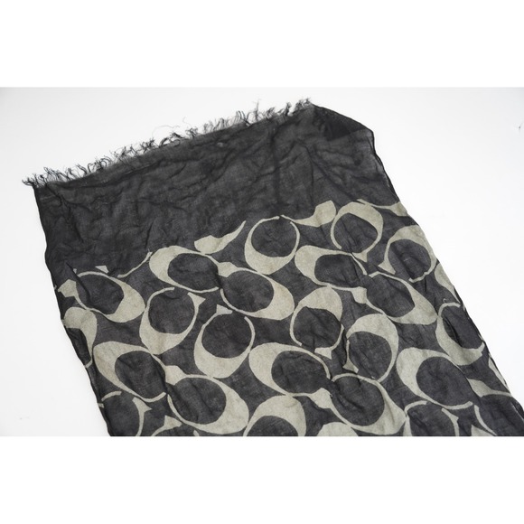 Coach Scarf Womens OS Black Grey Signature C Print Frayed Edge Excellent - Picture 5 of 6